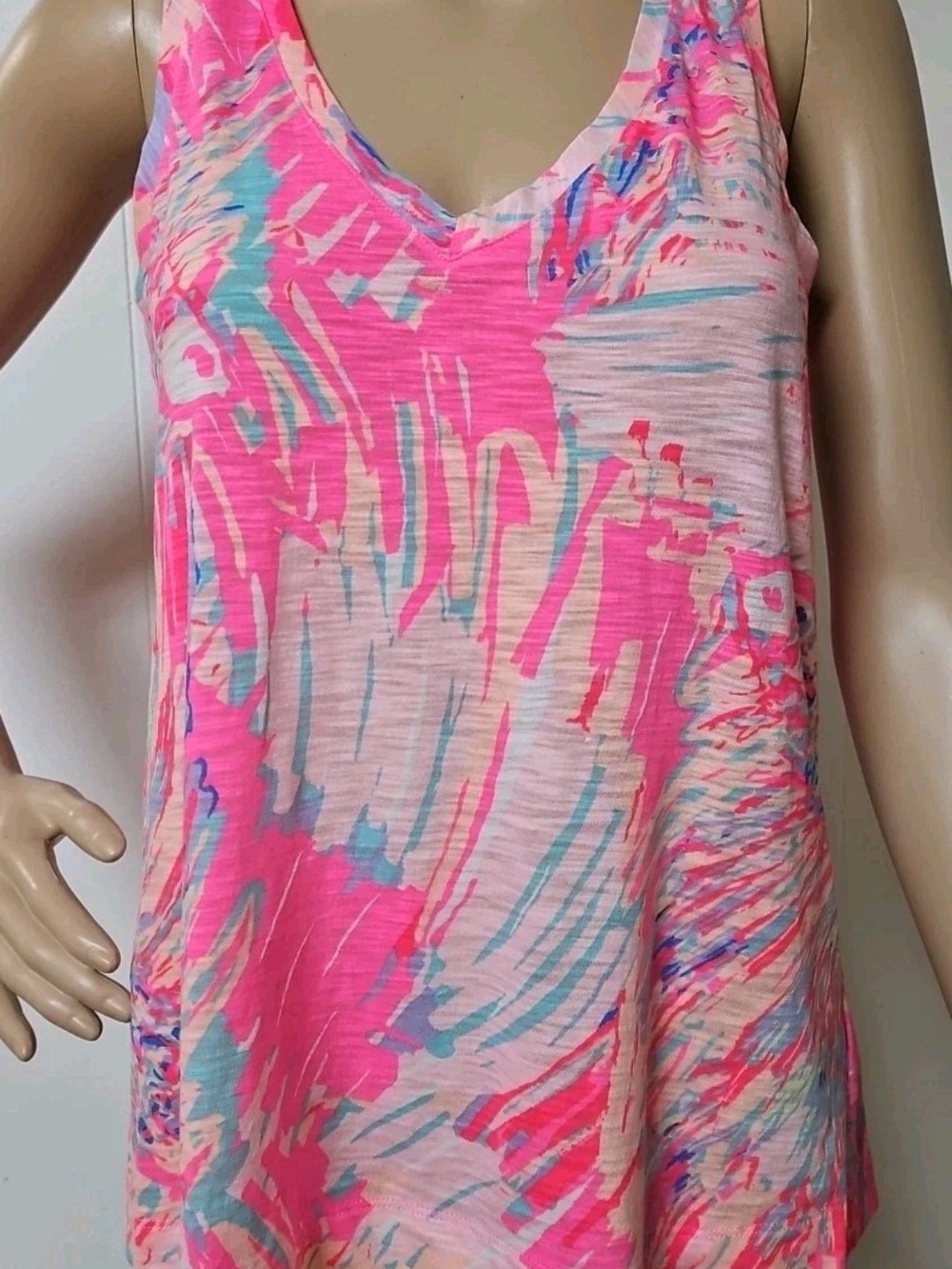 Lilly Pulitzer Neon Pink & Teal V-Neck Abstract Tank Size L